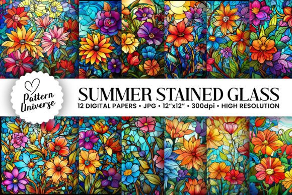 Summer Stained Glass Flowers: Vibrant Digital Papers for Crafts